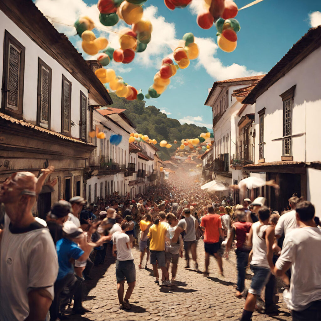 Carnaval de rua com muitas pessoas fazendo festa nas ruas da cidade de Ouro Preto-MG