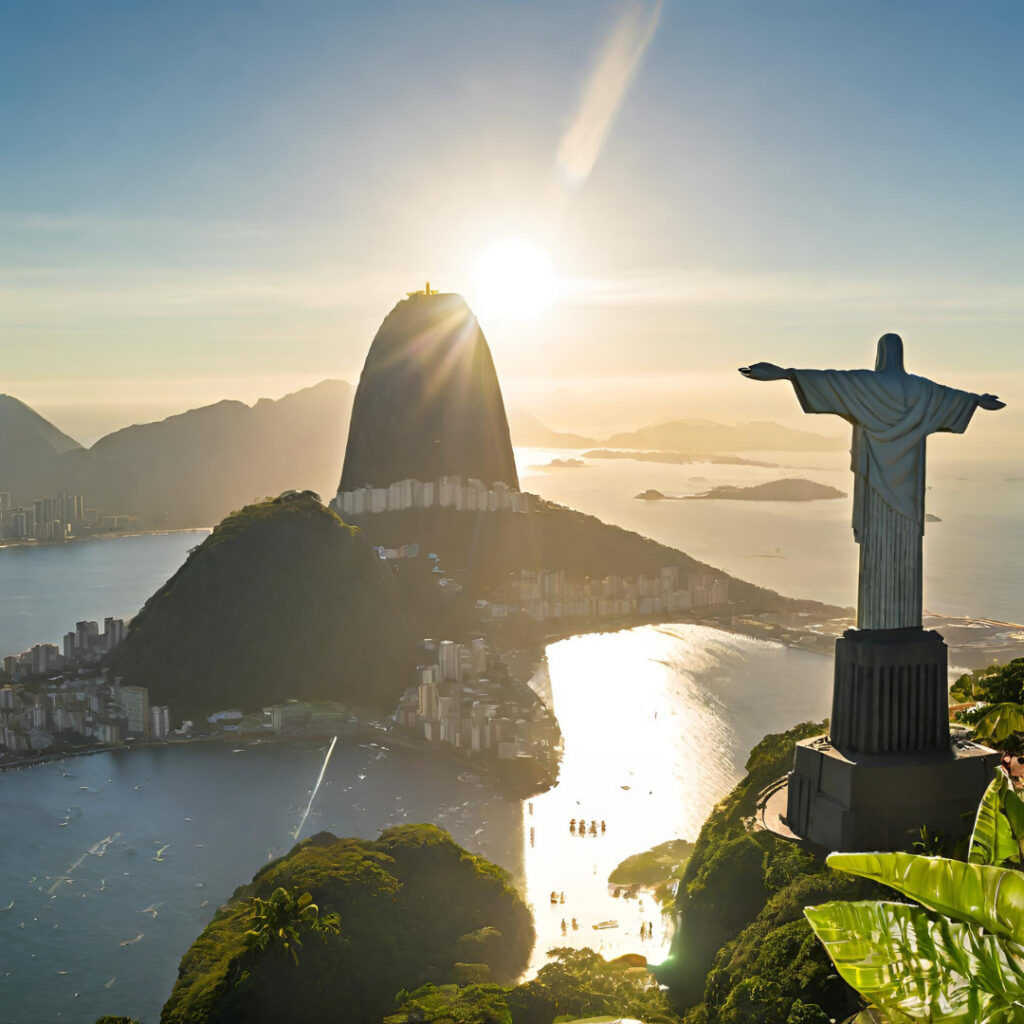 Cristo Redentor de braços abertos, olhando de frente para pão de açúcar na cidade do Rio de Janeiro